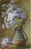 Ретро открытки - Голубые незабудки в в высокой зелёной вазе с двумя ручками