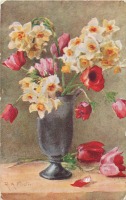 Ретро открытки - Красные тюльпаны, анемоны и жёлтые нарциссы в серой вазе