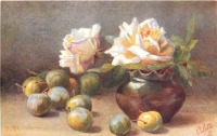 Ретро открытки - Белые розы в коричневой вазе и зелёные сливы