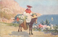 Ретро открытки - Лазурный берег. Крестьянка на ослике с корзинами цветов