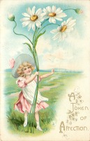 Ретро открытки - Знак любви. Девочка в розовом платье и белые ромашки