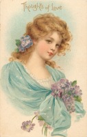 Ретро открытки - С любовью. Девушка в голубом шарфе и фиолетовые цветы