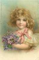 Ретро открытки - Белокурая девочка с локонами и букет фиалок