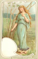 Ретро открытки - Лесные феи. Девушка в зелёном платье у белоствольных берёз
