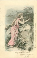 Ретро открытки - Лесные феи. Девушка в розовой тунике в весеннем лесу