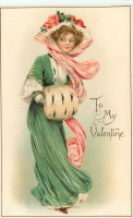 Ретро открытки - Моему Валентину. Девушка в зелёном платье с горностаевой муфтой