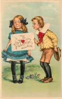 Ретро открытки - Моей Валентине. Девочка в голубом платье и мальчик с письмом