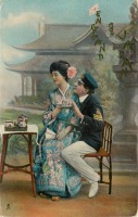 Ретро открытки - Англия и Япония. Гейша и английский моряк на фоне дворца