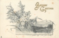Ретро открытки - С Днём Рождения. Нарциссы и ландыши в пейзаже