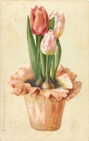 Ретро открытки - Три тюльпана в цветочном горшке
