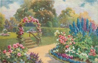 Ретро открытки - Голубой дельфиниум и розы английском саду