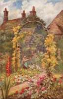 Ретро открытки - Женщина в сельском саду под гирляндой жёлтых цветов