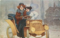 Ретро открытки - Две дамы в меховых манто в жёлтом автомобиле