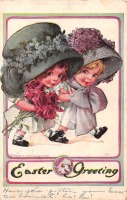 Ретро открытки - Счастливой Пасхи. Девочки а шляпах и букет роз