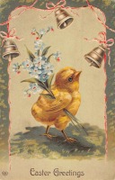 Ретро открытки - Счастливой Пасхи. Цыплёнок, незабудки и колокольчики