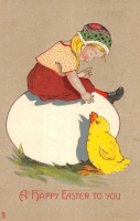 Ретро открытки - Счастливой Пасхи. Девочка и цыплёнок