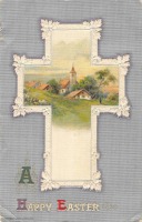 Ретро открытки - Пасхальные поздравления. Пасхальный крест и сельская церковь у озера