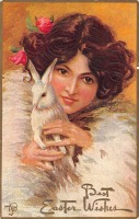 Ретро открытки - Счастливой Пасхи. Девушка и пасхальный кролик
