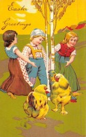 Ретро открытки - Счастливой Пасхи. Дети, весенний пейзаж и куры