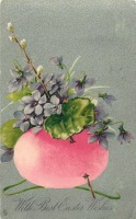 Ретро открытки - Розовое пасхальное яйцо, фиалки и верба