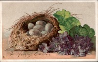 Ретро открытки - Счастливой Пасхи. Птичье гнездо, фиалки и вышивка бисером