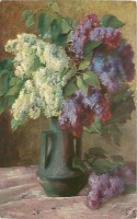 Ретро открытки - А. Гизлер. Белая и лиловая сирень в зелёной вазе
