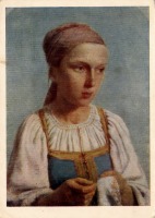 Ретро открытки - Крестьянская девушка за вышиванием