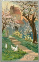 Ретро открытки - Весеннее цветение, куры, коттедж и ступени в саду