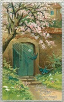 Ретро открытки - Ласточки перед дверью и весеннее дерево