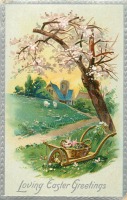 Ретро открытки - Пейзаж с овцами, тачкой под деревом и корзиной цветов