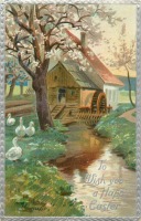 Ретро открытки - Водяная мельница, ручей, гуси и цветущий сад