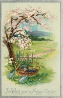Ретро открытки - Сельский пейзаж с цветущим деревом и таксой в корзине