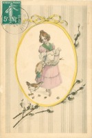 Ретро открытки - Ветка вербы , девушка в фартуке и курица с цыплятами
