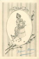 Ретро открытки - Девушка в фартуке и курица с цыплятами