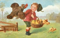 Ретро открытки - Мальчик, корзина цыплят и курица