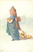 Ретро открытки - Девочка в голубом платье и цыплята