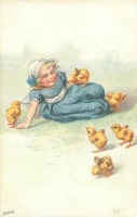 Ретро открытки - Девочка в голубом платье и 6 цыплят