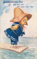 Ретро открытки - Цыплёнок-дайвер в синем купальнике и соломенной шляпе