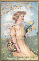 Ретро открытки - Девушка с желтыми  нарциссами и корзиной первоцветов