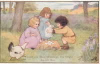 Ретро открытки - Дети, кролик, курица и птичье гнездо