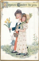 Ретро открытки - Дети с цветами, пасхальная корзина и кролик в костюме