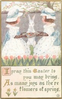 Ретро открытки - Девочки в саду, кролик, цветы и пасхальная корзина