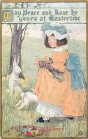 Ретро открытки - Старомодная пасха. Девочка в жёлтом платье и кролики