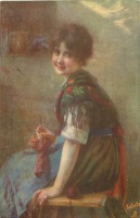 Ретро открытки - Девушка с вязанием в руках