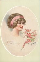 Ретро открытки - Девушка с розовой лентой и цветущая ветка