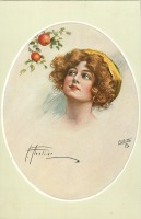 Ретро открытки - Девушка с жёлтой лентой и румяные яблоки