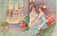 Ретро открытки - Две дамы в вечерних платьях, розовые цветы и зелёный диван