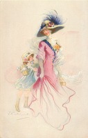 Ретро открытки - С покупками. Женщина в розовом платье и шляпе с голубыми перьями