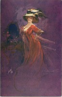 Ретро открытки - Леди в красном платье и шляпе перед зеркалом