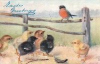 Ретро открытки - Счастливой Пасхи. Снегирь на изгорлди и шесть цыплята